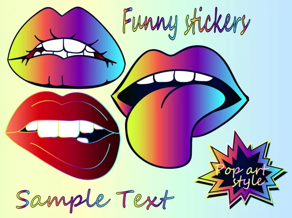 Collection Pop Art Stickers Neon Gradient Lips Smile Bright Gradient — Stock Vector