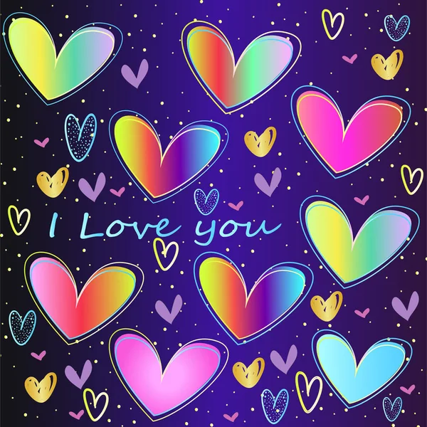 Neon Gökkuşağı Renkli Kalpler Sevgililer Günü Nde Geniş Bir Koleksiyon — Stok Vektör