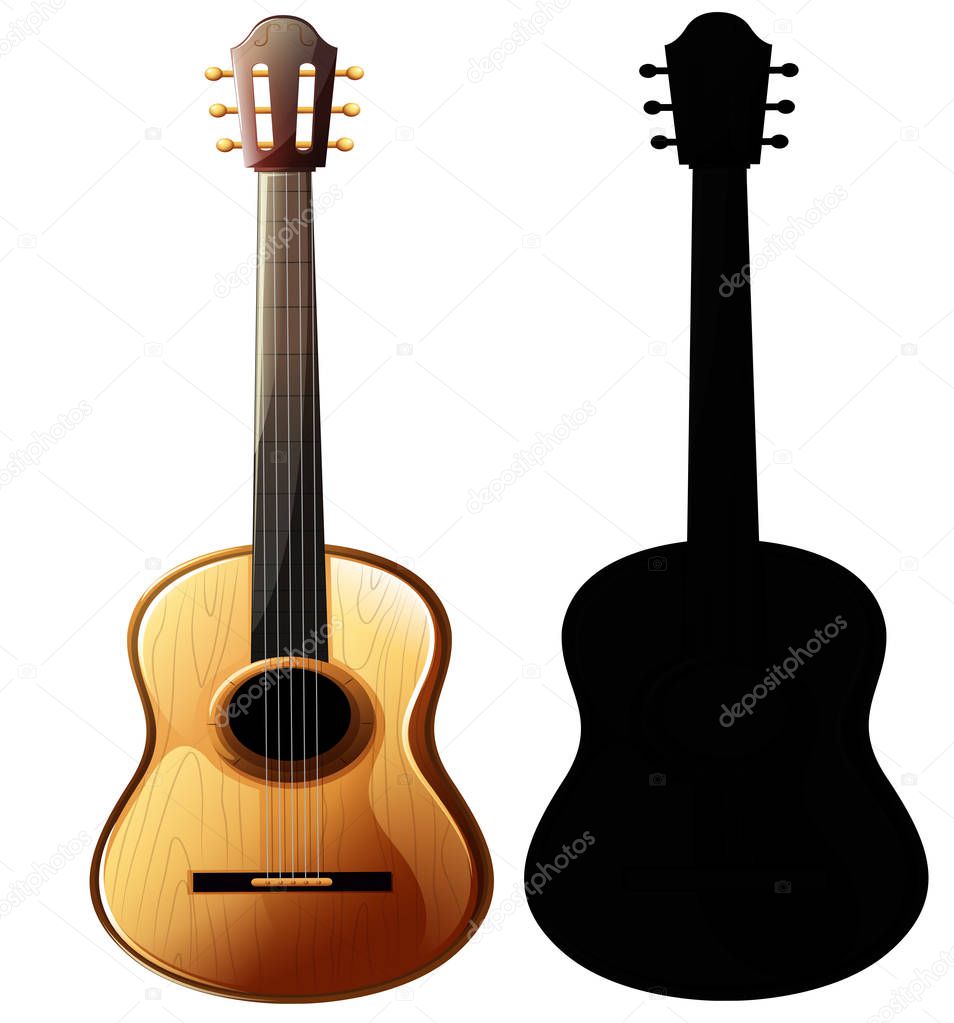 Musical instrument - realistic layout of acoustic guitar and guitar silhouette, close-up