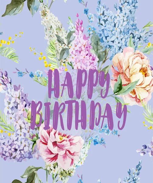 Bayram tebrik kartı - leylak ve peonies suluboya bahar buket. Doğum günün kutlu olsun