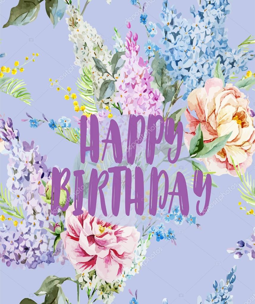Festive greeting card - watercolor spring bouquet with lilac and peonies. Happy Birthday