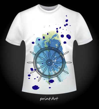 Parlak bir baskı ile T-shirt tasarım. Deniz tema - detaylı geminin tekerlek suluboya arka plan üzerinde