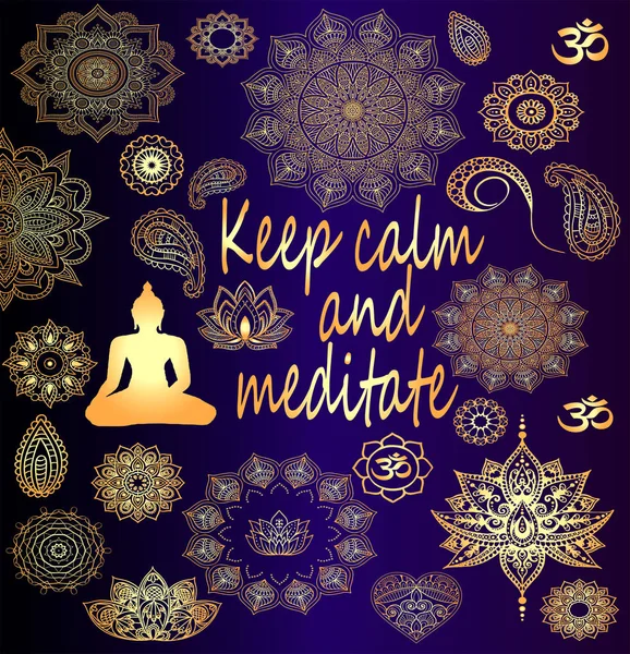 Altın Budizm etiket-siluette Buda, büyük bir set mandala. Meditasyon ve gevşeme