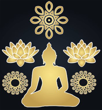  Altın Buddha siluet ve nilüferler mandalalar - Budizm din, güzel kroki ile
