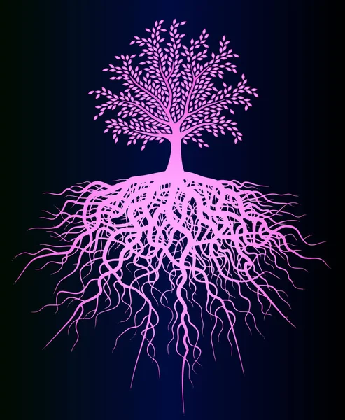 Beautiful Pink Gradient Tree Life Dense Roots Dark Gradient Background — Stock Vector