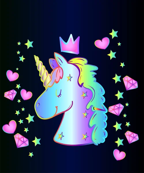 Bir hayvan tek boynuzlu yıldız, kalp, elmas ile mavi degrade arka plan üzerinde sihirli bir karakterdir. Eğlenceli tarzı - bebek etiket neon unicorn - masal Zamanı