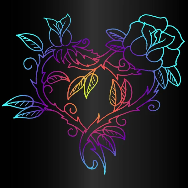 Neon Rainbow Sketch Heart Rose Gradient Background Stylish Sketch Tattoo — Stock Vector