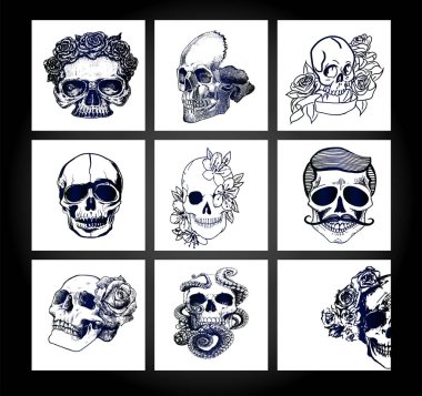 Kafatası çizimlerinin vektör koleksiyonu. Kafatası dövme koleksiyonu - vektör illüstrasyonu