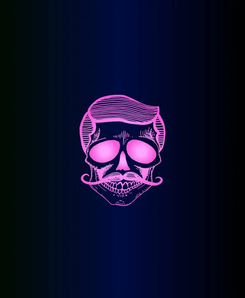 スタイリッシュなベクタープリントイラスト ピンクネオンスケッチ頭蓋骨 青いグラデーションの背景に口ひげの入れ墨の頭蓋骨 トレンディなタトゥーのアイデア — ストックベクタ