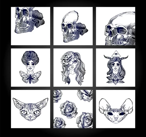 Gran Colección Vectorial Bocetos Tatuaje Estilo Gótico Tatuaje Del Cráneo — Archivo Imágenes Vectoriales