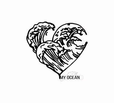 Vektör çizimi - zarif dövme çizimi - kalp ve dalgalar. Sen benim okyanusumsun - romantik bir itiraf