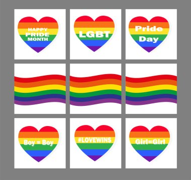 Lgbt Dünya Gurur Günü. Gökkuşağı kalbi kapalı, izole edilmiş. Aşk birdir - aşk galip gelecektir. Toplumdaki cinsel azınlıkların eşitliği hayatın sosyolojik bir yönüdür. Kalplerin ve bayrakların toplanması - büyük vektör etiketleri