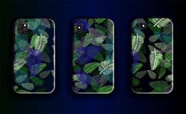 Vektör koleksiyonu akıllı telefonları taklit eder. Akıllı telefon çantalarının şık tasarımı yeşil ve mavi tropik yapraklar deseni