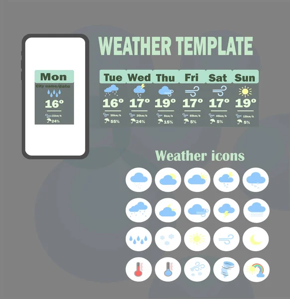 Wettervorlagen App Vektorvorlage Wöchentliche Wettervorhersage Für Mobile Anwendungen Wettervorhersage Sammlung — Stockvektor