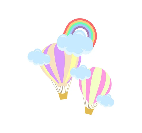 Zwei Schöne Luftballons Mit Wolken Und Einem Regenbogen Kindervektorillustration Babydusche — Stockvektor