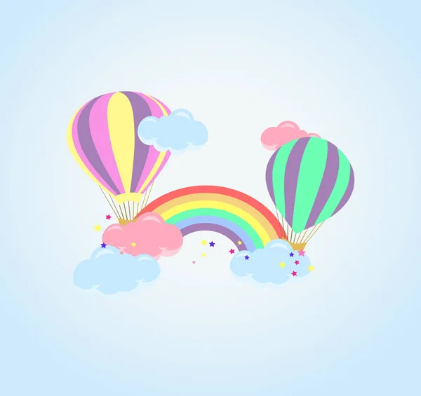 Cute Dziecinne Wektor Ilustracji Balon Chmur Tęczy Niebieskim Tle Gradientowym — Wektor stockowy