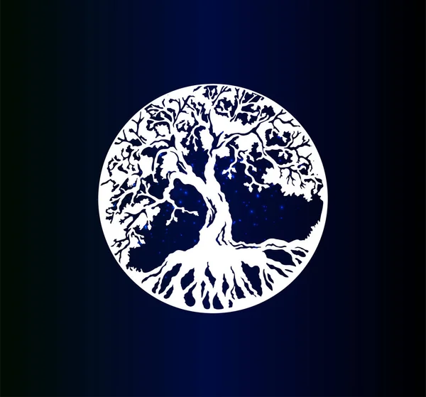 护身符是生命之树 蓝色渐变背景上的圆形树的花哨轮廓 带有灯光 — 图库矢量图片