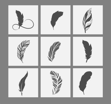 Yazmak için büyük bir tüy seti. Yazarlar Günü 'nüz kutlu olsun. Vintage tüy düz vektör simgesi