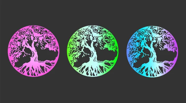 Árbol Vector Conjunto Grande Vida Con Huellas Gradiente Neón Brillante — Vector de stock