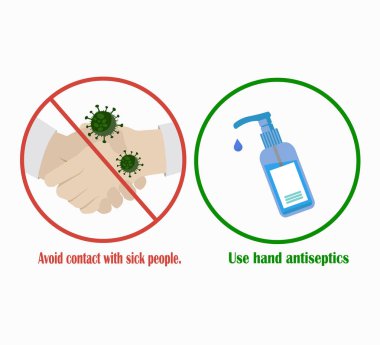Hastalarla temastan kaçının ve el dezenfektanı kullanın. Virüs önleme - vektör kümesi simgesi. Dünya Pandmia Coronavirüsü.