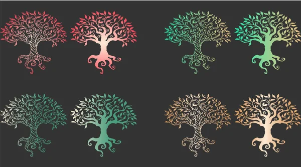 Big Vector Collection Stylish Neon Tree Life Silhouettes Gray Background — Stock Vector