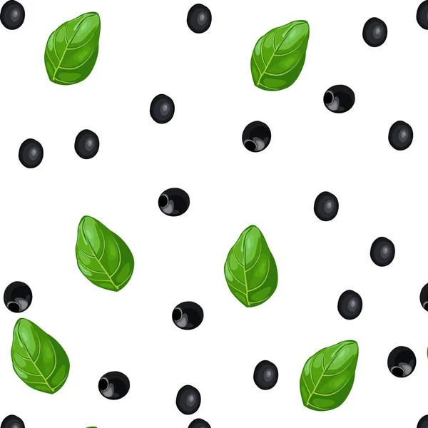 Saftige Und Duftende Minzblätter Und Italienische Schwarze Oliven Nahtloses Vektormuster — Stockvektor