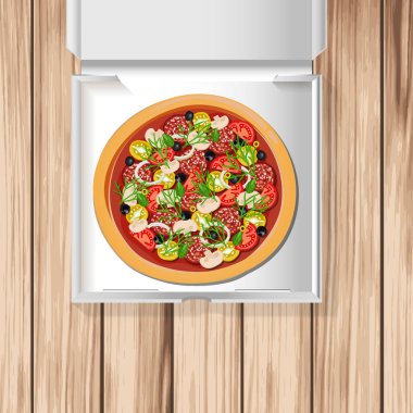 Tahta arka planda beyaz karton kutuda lezzetli İtalyan pizzası - vektör şablonu. Pizza Teslimat Posteri