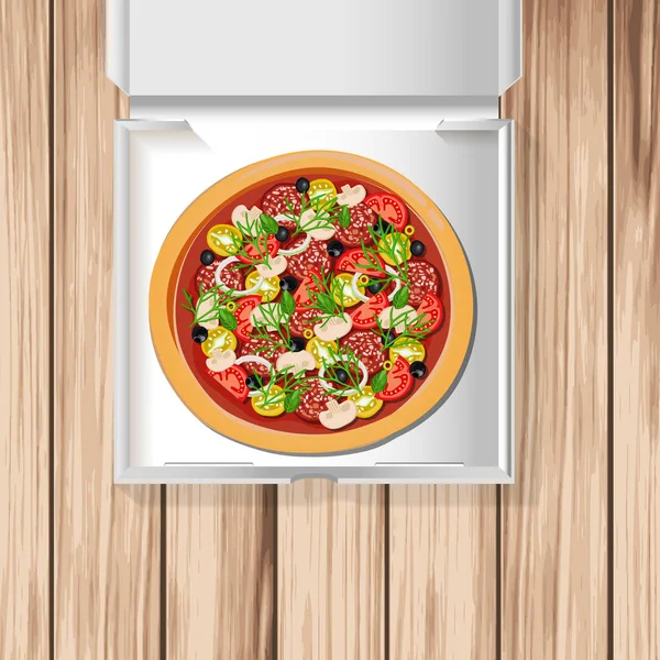 Smaczna Włoska Pizza Białym Kartonowym Pudełku Drewnianym Tle Wzór Wektorowy — Wektor stockowy