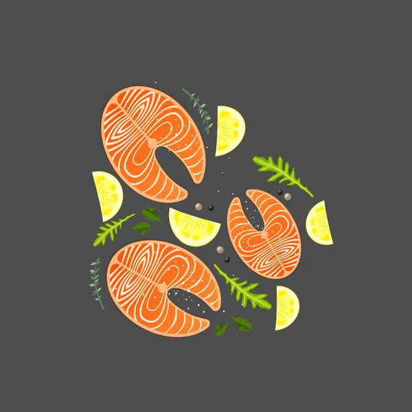 Juicy Salmon Steaks Lemon Slices Arugula Herbs — Stock Vector