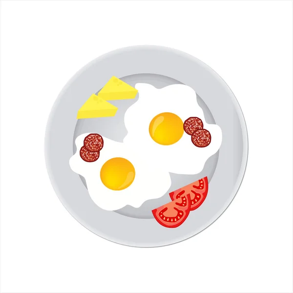 Leckeres Und Nahrhaftes Frühstück Zwei Spiegeleier Und Wurstscheiben Mit Weichkäse — Stockvektor
