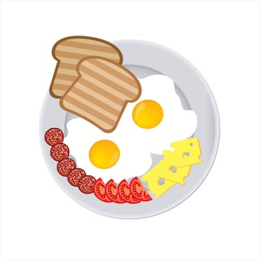 Lezzetli ve besleyici bir kahvaltı. İki kızarmış yumurta ve peynirli sosis dilimleri ve olgun domates dilimleri ve bir tabakta kızarmış ekmek. Yakın çekim izole edildi..