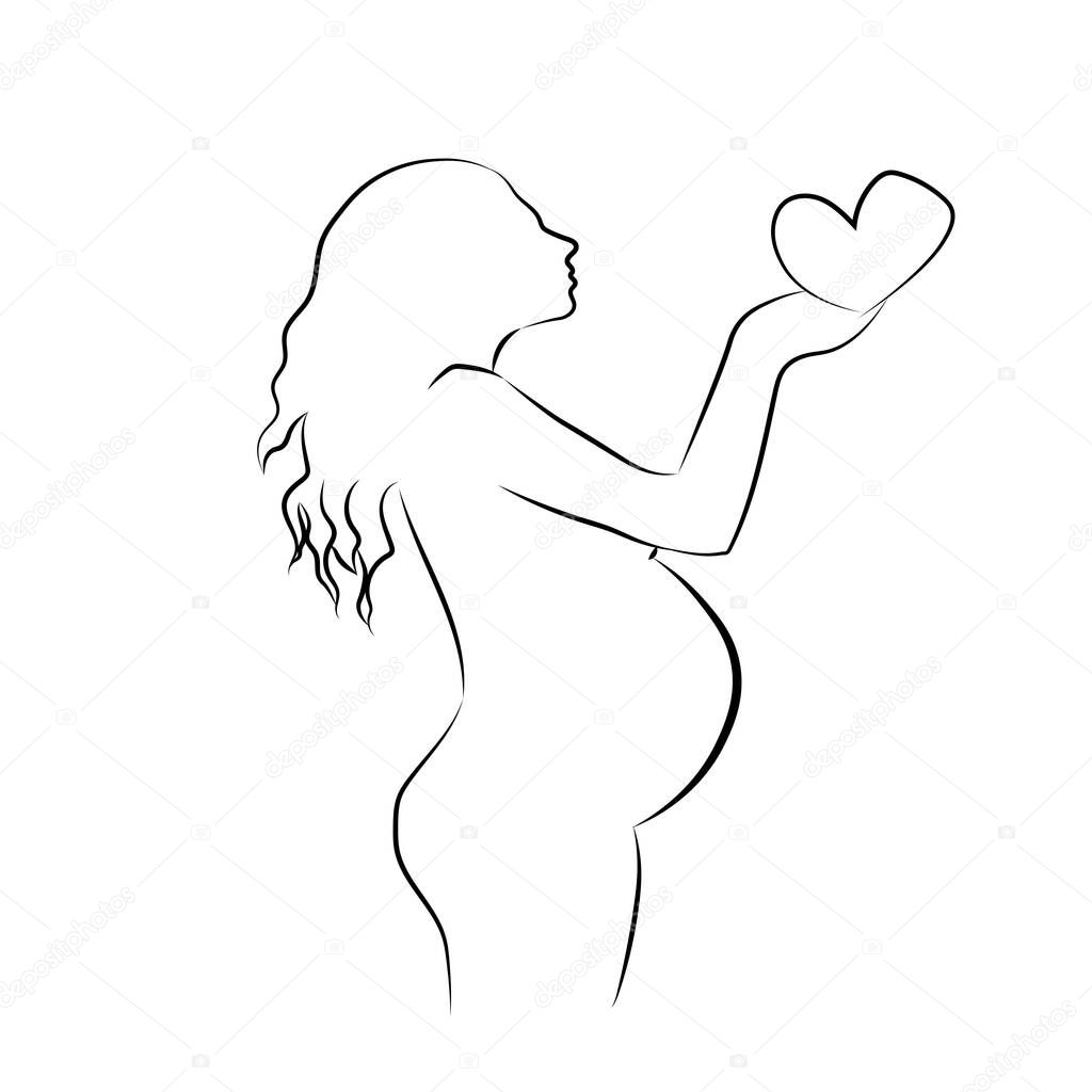 Silhouette of a beautiful pregnant girl with a heart in her hands - pregnancy and childbirth vector illustration isolated