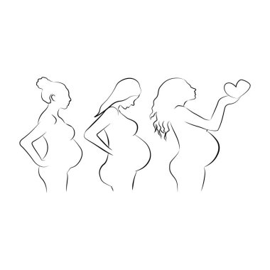 Üç tane hamile kız silueti. Hamileliğin aşamaları