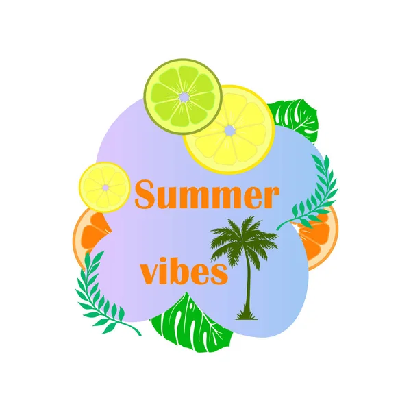 夏のバイブ明るくカラーベクトルテンプレート ジューシーな柑橘類のスライスとモンスターとヤシのエキゾチックな葉 夏の背景 — ストックベクタ