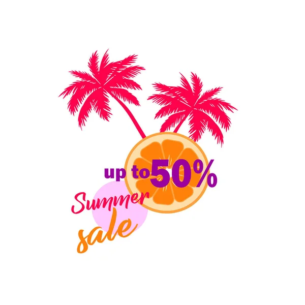 时尚的传单夏季销量高达50 夏季折扣和销售向量模板 棕榈树的轮廓及橘色平面设计 — 图库矢量图片