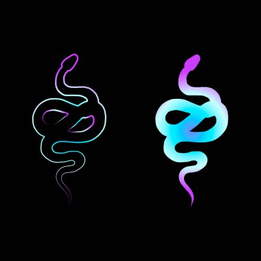 Neon yılan silueti tasarımı ve yılan ana hatlı siluet - vektör kümesi koleksiyonu. Yaratıcı çizim dövmesi