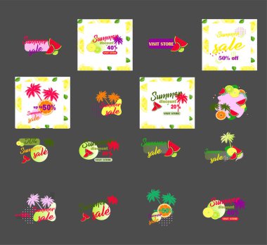 Büyük bir şablon koleksiyonu yaz indirimi ve satışı - palmiye ağaçları ve sitruslarla süslü parlak düz etiketler.