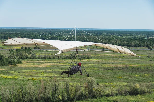 The hang-glider. The hang-glider flies along the field.