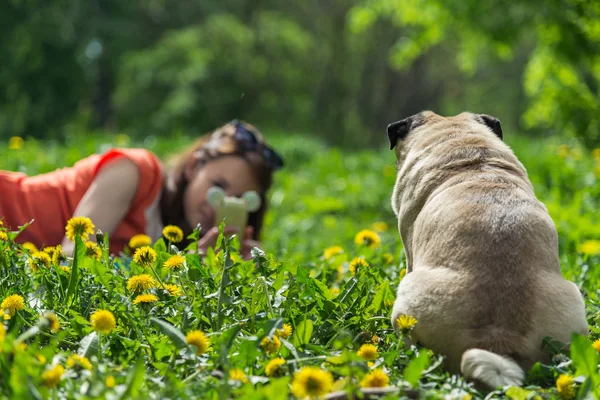 Selfies. das Mädchen nimmt ein Handy und einen Hund. — Stockfoto