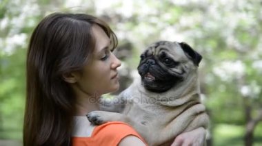 Pug doğurmak köpek. Bir kız bir köpek yeşil çimenlerin üzerinde yürüyor.