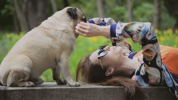 Cão da raça Pug. Uma rapariga está a passear um cão num relvado verde . — Vídeo de Stock