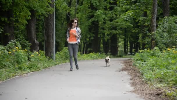 Pes tohoto plemene mops. Dívka je chůze psa na zeleném trávníku. — Stock video