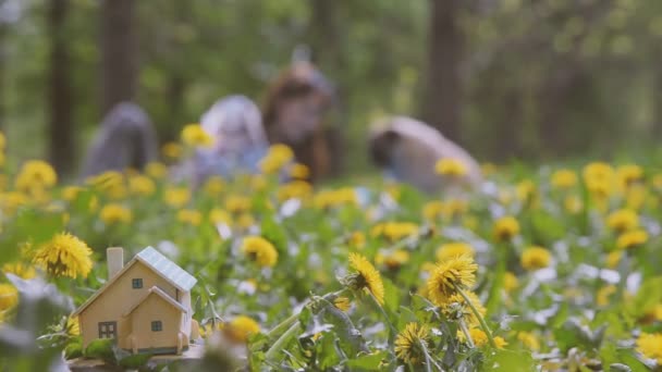Bienes raíces. Una pequeña casa privada se encuentra en un césped verde . — Vídeos de Stock