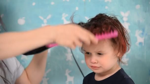 Mamãe seca o cabelo de sua filha — Vídeo de Stock