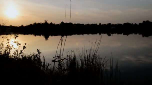 Озеро на фоне заката — стоковое видео
