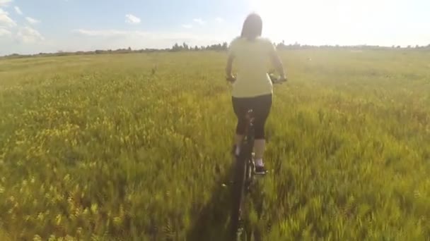 Дівчина їде на велосипеді на полі — стокове відео