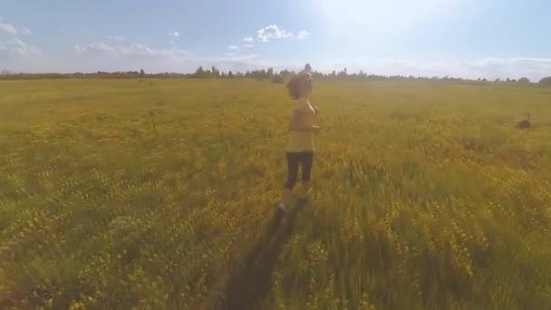 La chica está corriendo a través del campo — Vídeos de Stock