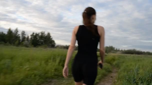 La ragazza sta camminando lungo il campo — Video Stock