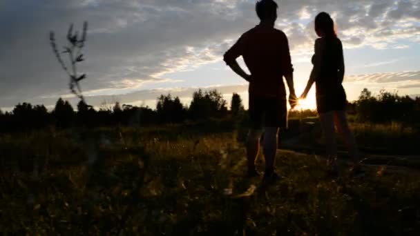 Mädchen und Mann in der Natur schauen in ein Handy — Stockvideo