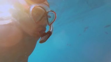 Snorkeling. Adam maske ve tüp denizde yüzen